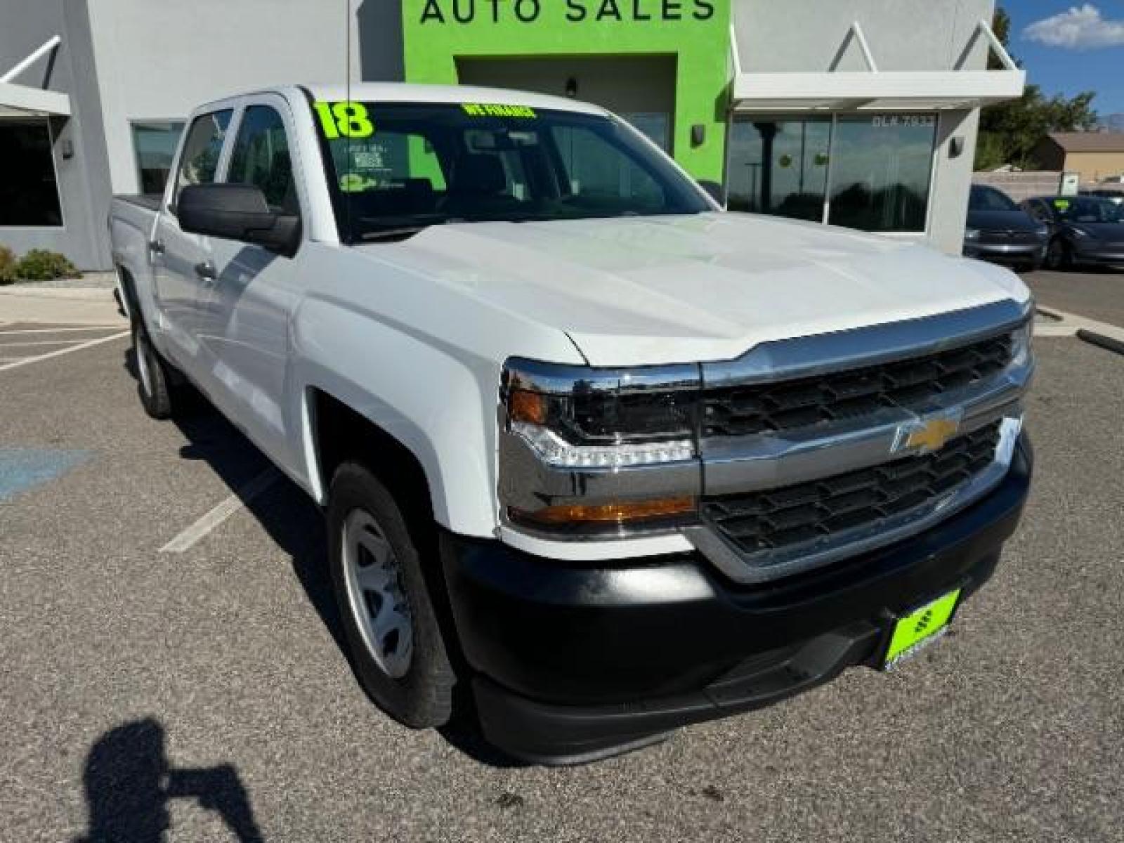 2018 Summit White /Gray Leather Interior Chevrolet Silverado 1500 Work Truck Crew Cab Short Box 2WD (3GCPCNEH0JG) with an 4.3L V6 OHV 12V engine, 6-Speed Automatic transmission, located at 1865 East Red Hills Pkwy, St. George, 84770, (435) 628-0023, 37.120850, -113.543640 - Photo #1