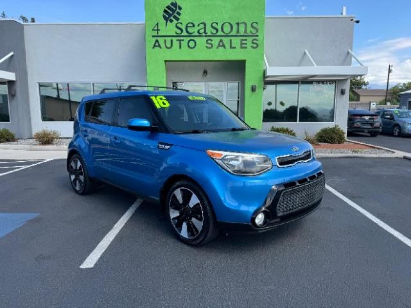 2016 Fathom Blue /Black, cloth Kia Soul + (KNDJP3A51G7) with an 2.0L L4 DOHC 16V engine, 6-Speed Automatic transmission, located at 940 North Main Street, Cedar City, UT, 84720, (435) 628-0023, 37.692936, -113.061897 - Photo#0